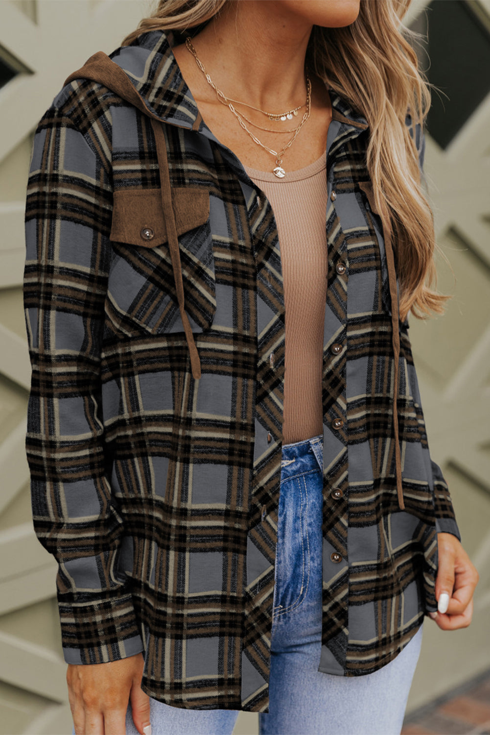 Contrast Hooded Drawstring Plaid Shacket Plaid Shackets JT's Designer Fashion
