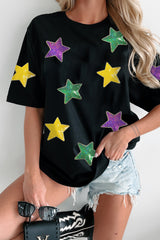 Black Colorful Sequin Stars Patched Relaxed T Shirt Graphic Tees JT's Designer Fashion