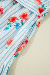 Sky Blue Stripe Floral Pattern Ruffle Short Sleeve Belted Mini Dress Dresses JT's Designer Fashion