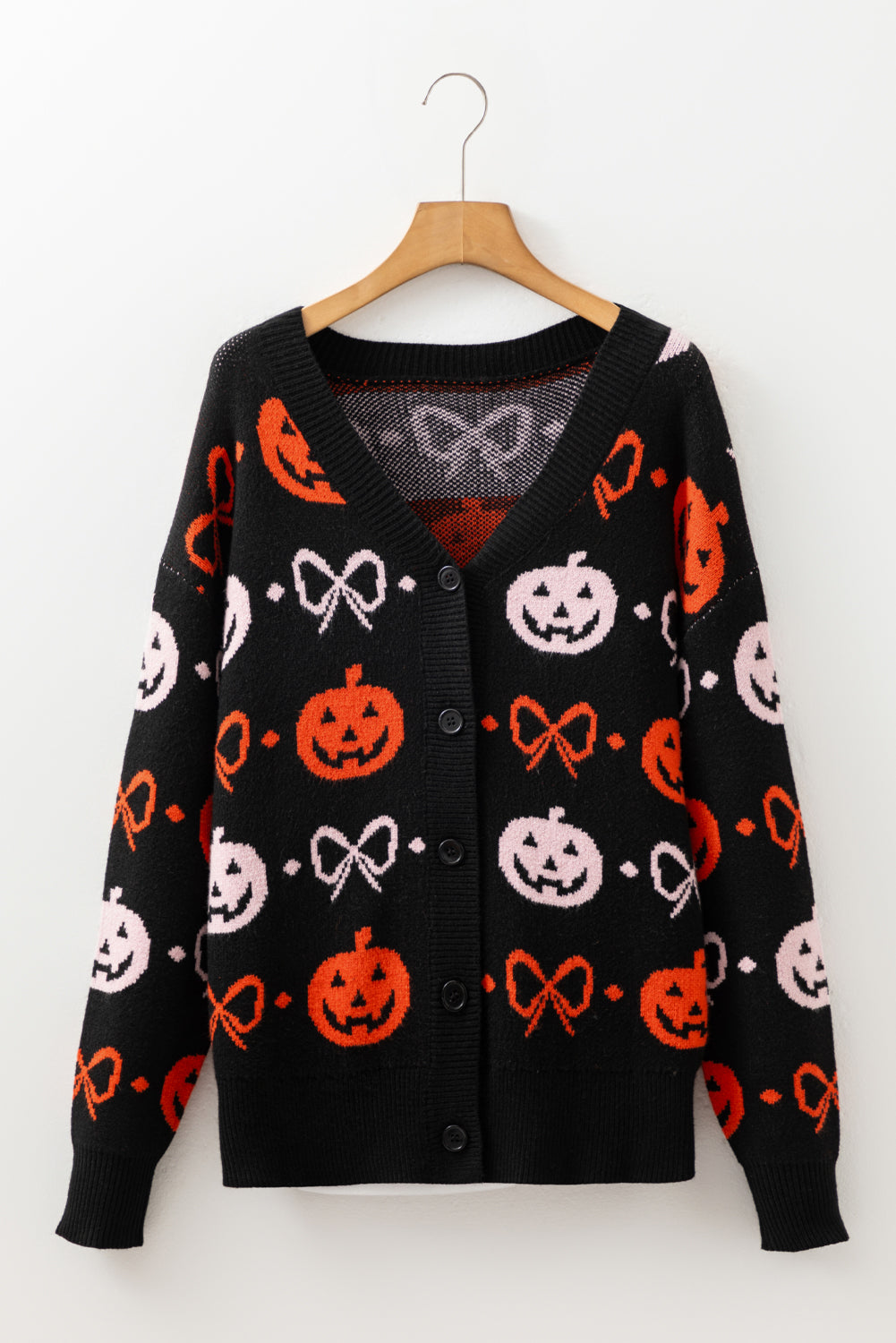 Black Halloween Pumpkin Bow Knit Button V Neck Sweater Cardigan Cardigans JT's Designer Fashion