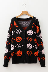 Black Halloween Pumpkin Bow Knit Button V Neck Sweater Cardigan Cardigans JT's Designer Fashion