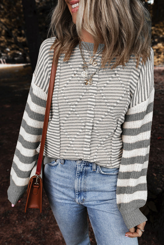 Gray Stripe Geometric Textured Drop Shoulder Sweater Gray Stripe 60%Cotton+40%Acrylic Sweaters JT's Designer Fashion