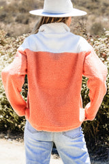 Orange Colorblock Half Zipper Stand Neck Sherpa Sweatshirt Sweatshirts & Hoodies JT's Designer Fashion