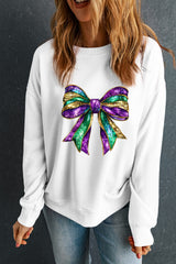 White Mardi Gras Bow Graphic Drop Shoulder Sweatshirt Graphic Sweatshirts JT's Designer Fashion