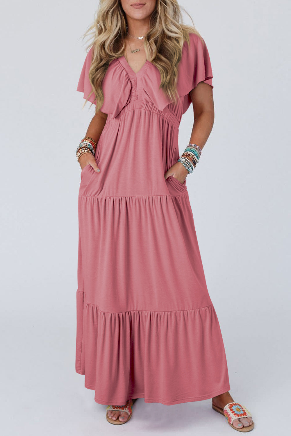 Rose Pink Textured V Neck Flutter Sleeve Ruffled Long Dress Maxi Dresses JT's Designer Fashion