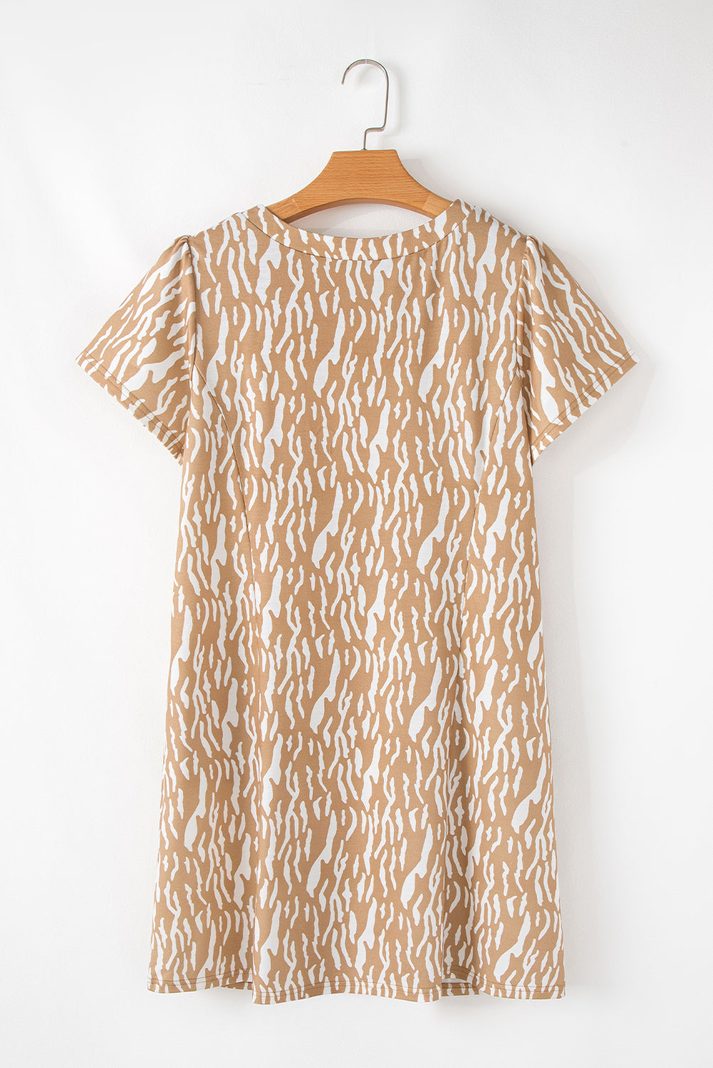 Khaki Abstract Print V Neck Short Sleeve Shift T Shirt Dress T Shirt Dresses JT's Designer Fashion