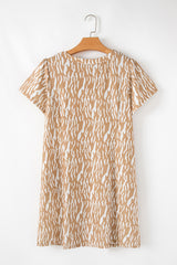 Khaki Abstract Print V Neck Short Sleeve Shift T Shirt Dress T Shirt Dresses JT's Designer Fashion