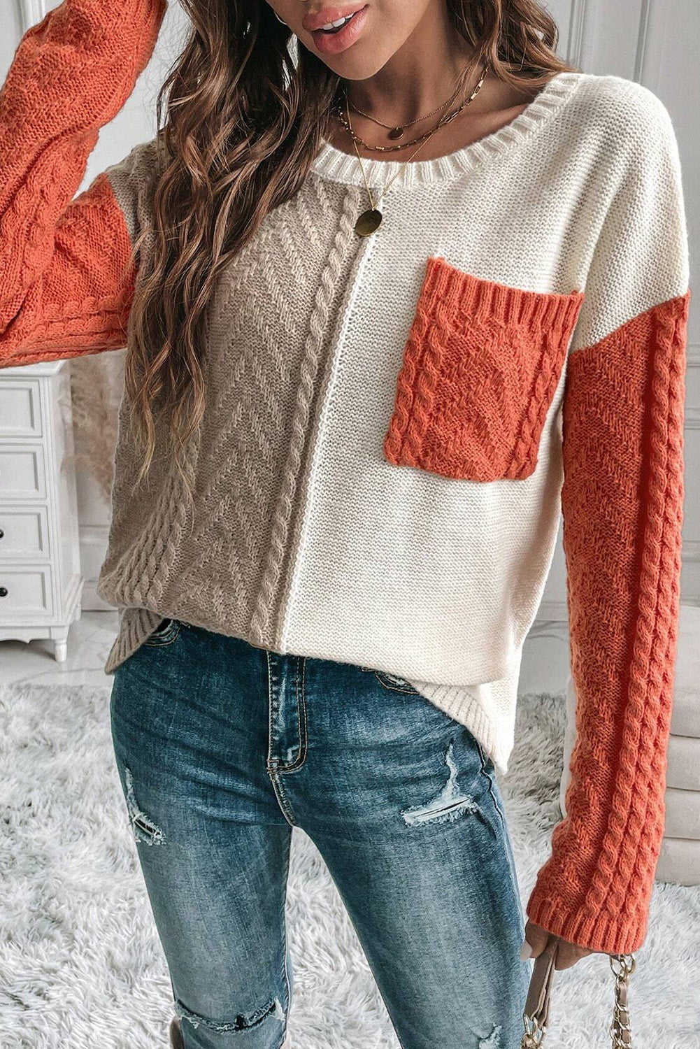 Gold Flame Colorblock Patched Pocket Drop Shoulder Sweater Sweaters JT's Designer Fashion