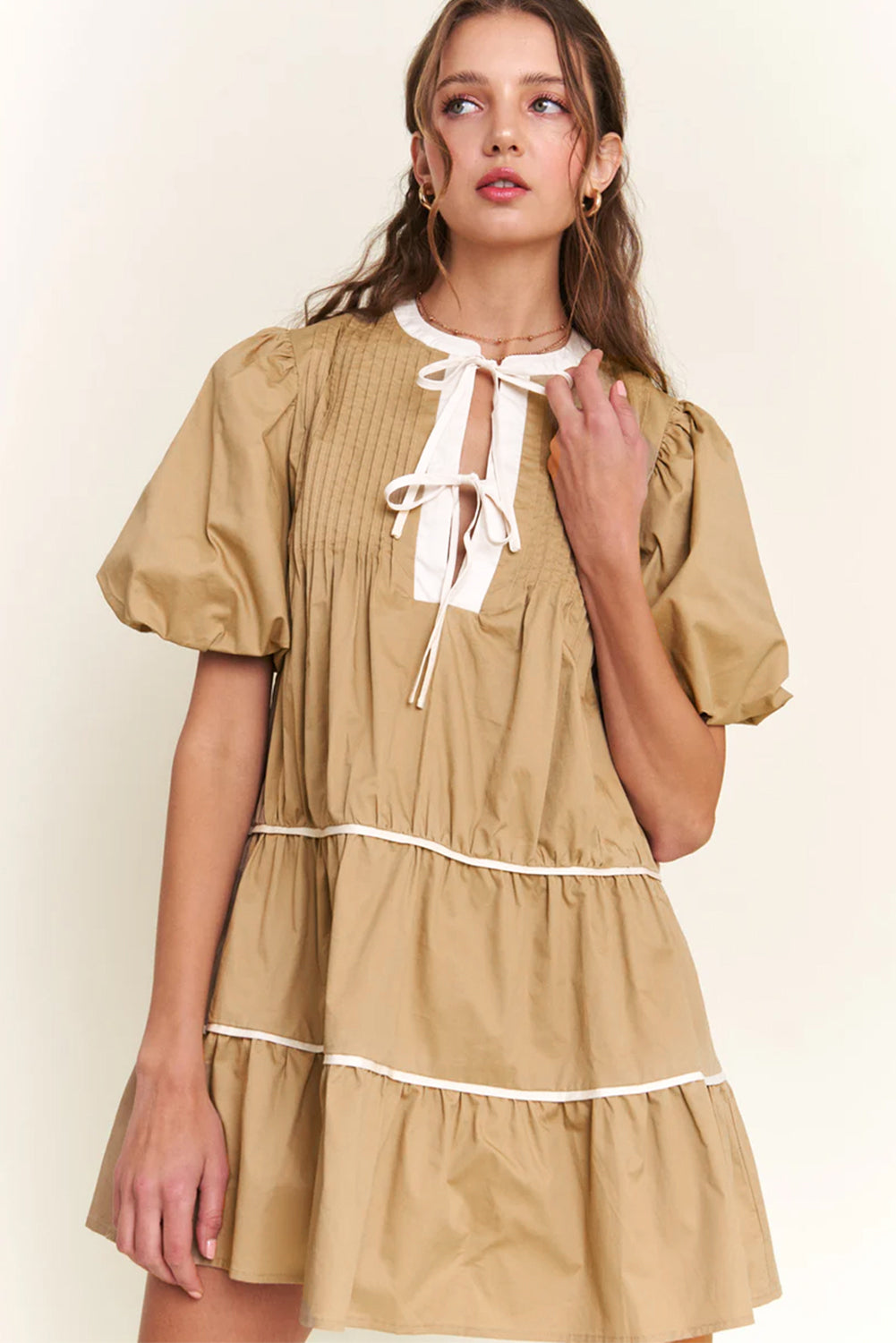 Pale Khaki Contrast Trim Pintuck Puff Sleeve Tied Neck Short Dress Mini Dresses JT's Designer Fashion