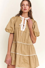 Pale Khaki Contrast Trim Pintuck Puff Sleeve Tied Neck Short Dress Mini Dresses JT's Designer Fashion