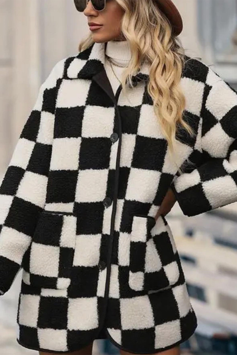 Black Checkered Side Pockets Collared Buttoned Fleece Jacket Jackets JT's Designer Fashion