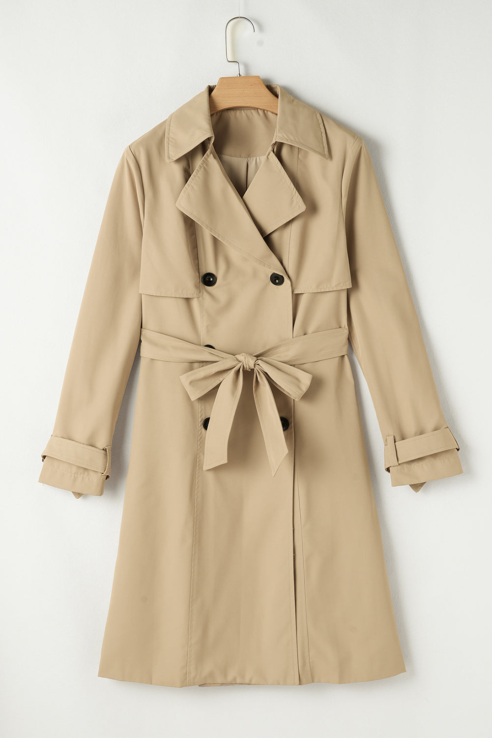Pale Khaki Solid Color Lapel Collar Waist Tie Wind Coat Coats JT's Designer Fashion