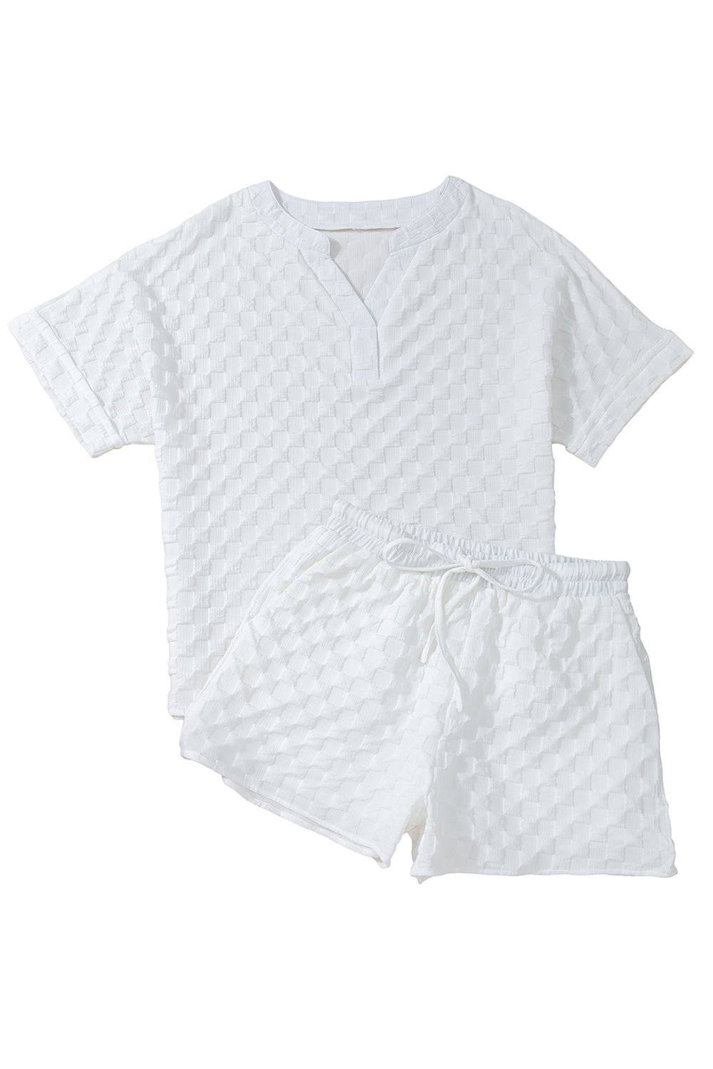 White Textured Split Neck Top and Drawstring Shorts Set Short Sets JT's Designer Fashion