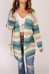 Green Striped Color Block Hollowed Knit Cardigan Sweaters & Cardigans JT's Designer Fashion