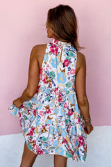 White Frill Mock Neck Sleeveless Tiered Floral Dress Floral Dresses JT's Designer Fashion