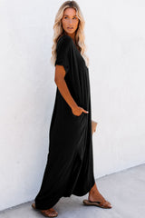 Black V Neck Hidden Pocket Splits Maxi T-shirt Dress T Shirt Dresses JT's Designer Fashion