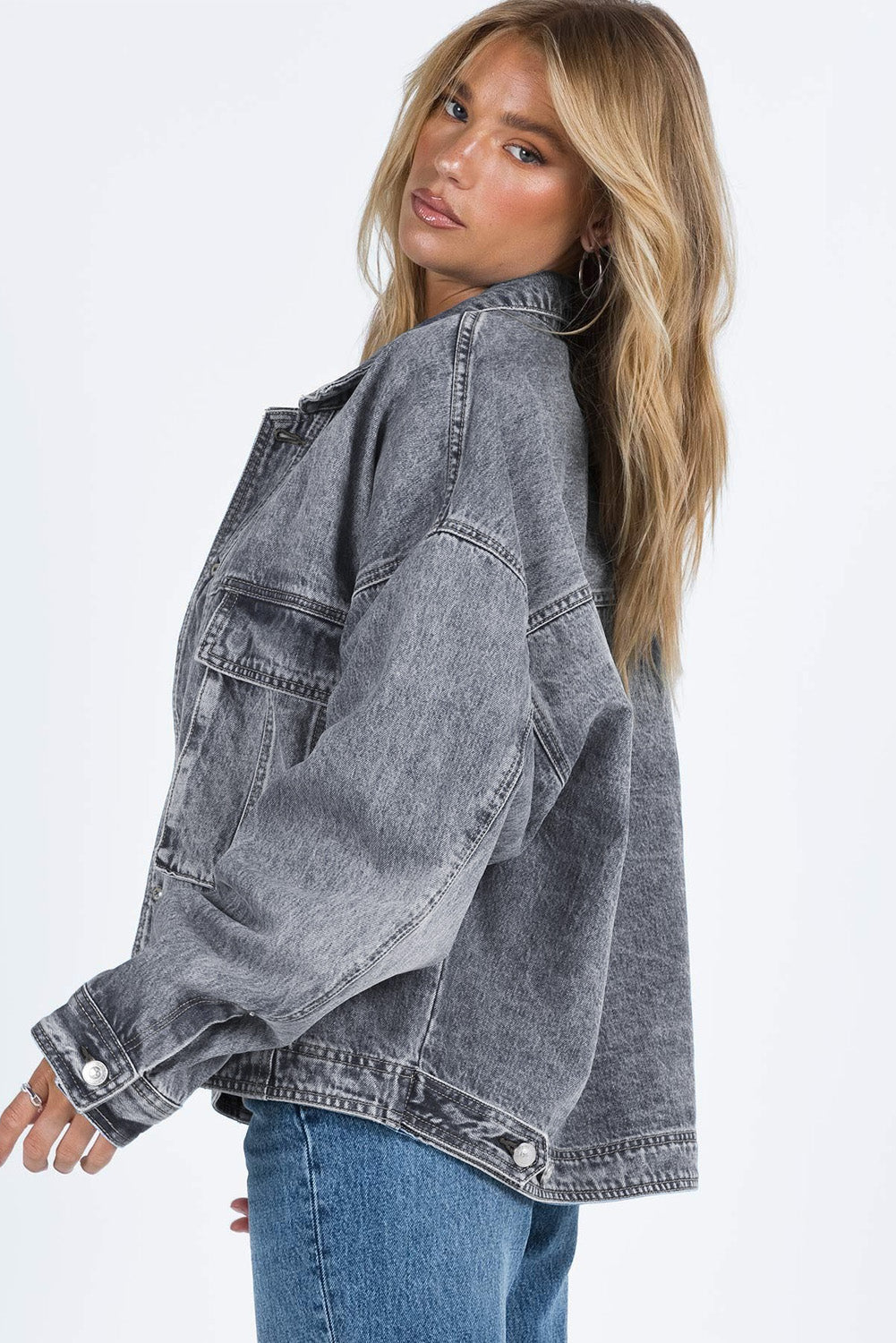 Gray Chest Pockets Drop Shoulder Loose Denim Jacket Denim Jackets JT's Designer Fashion
