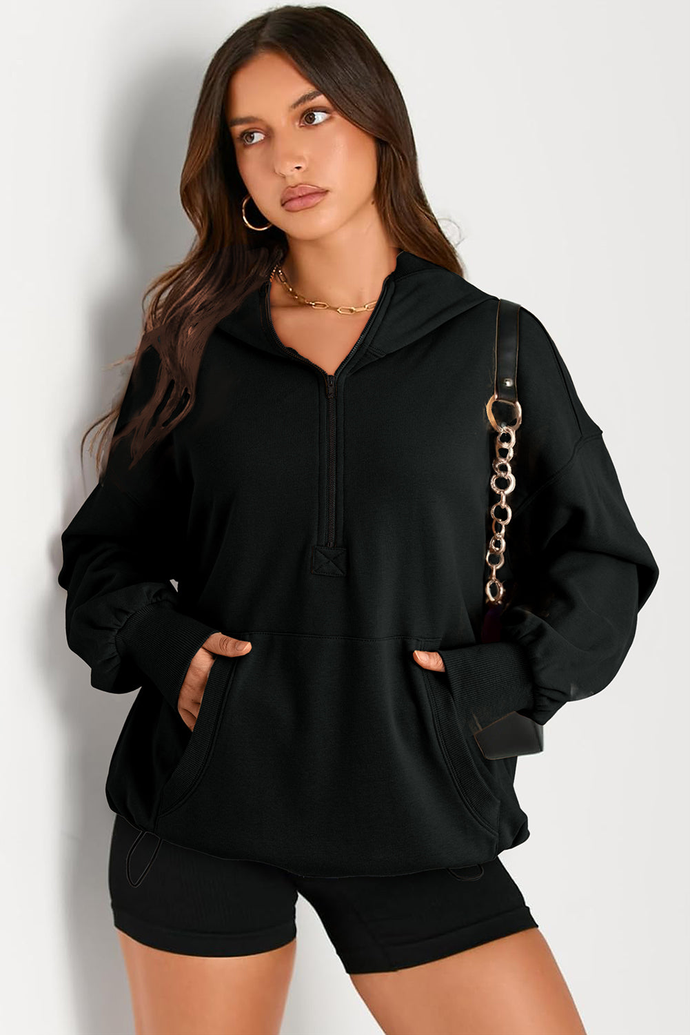 Black Solid Kangaroo Pocket Half Zipper Oversized Hoodie Sweatshirts & Hoodies JT's Designer Fashion