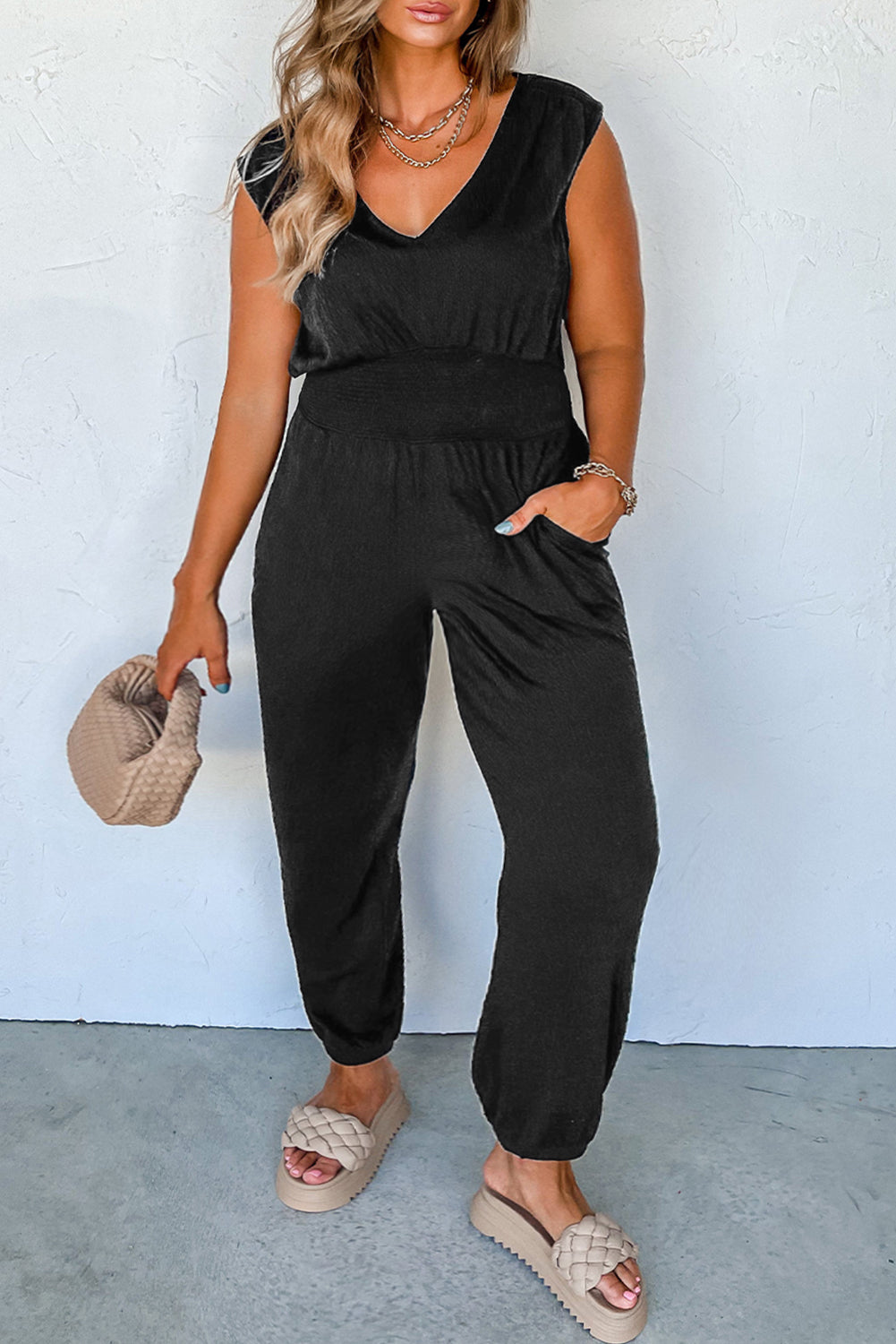 Black Plus Smocked High Waist Sleeveless V Neck Jumpsuit Plus Size Bottoms JT's Designer Fashion