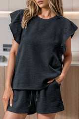 Black Textured Ruffled Sleeve Tee and Drawstring Shorts Set Bottoms JT's Designer Fashion