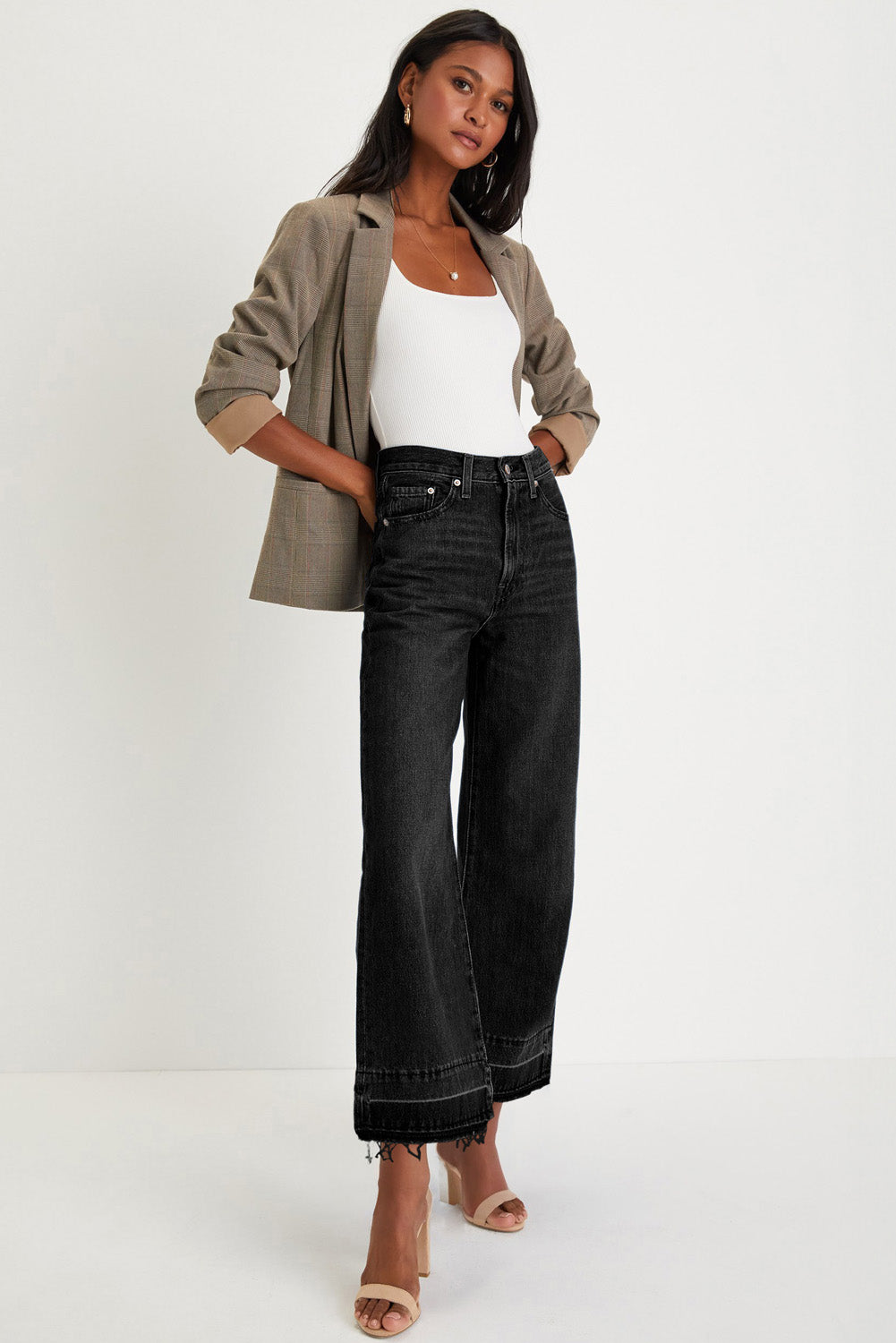 Black Raw Hem Straight Leg Loose High Waist Jeans Jeans JT's Designer Fashion