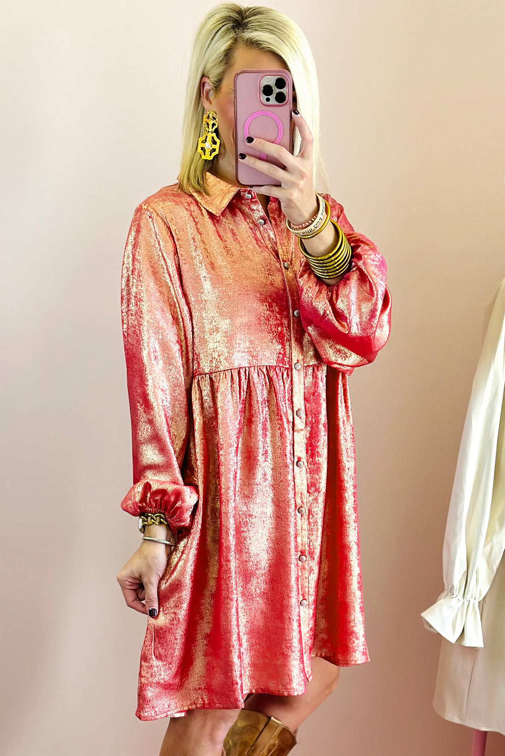 Peach Blossom Metallic Sheen Puff Sleeve Button Up Mini Shirt Dress Mini Dresses JT's Designer Fashion