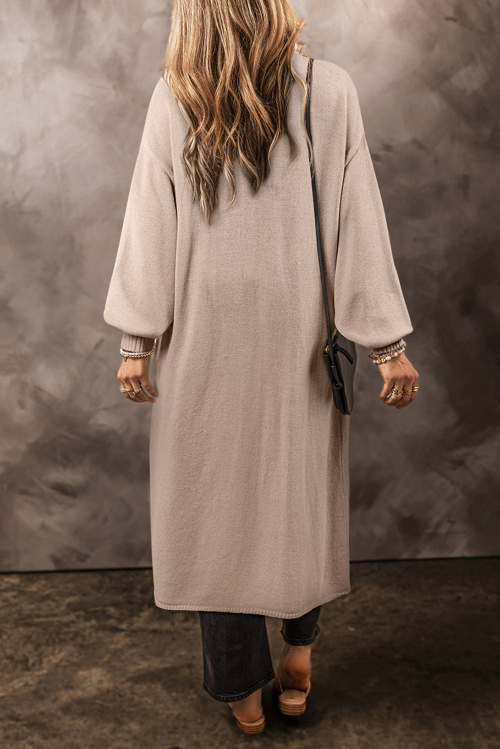 Beige Side Pockets Open Front Long Knitted Cardigan Cardigans JT's Designer Fashion