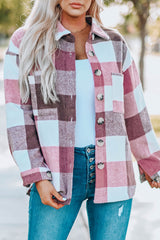 Plaid Color Block Buttoned Long Sleeve Jacket with Pocket Red 95%Polyester+5%Spandex Plaid Shackets JT's Designer Fashion
