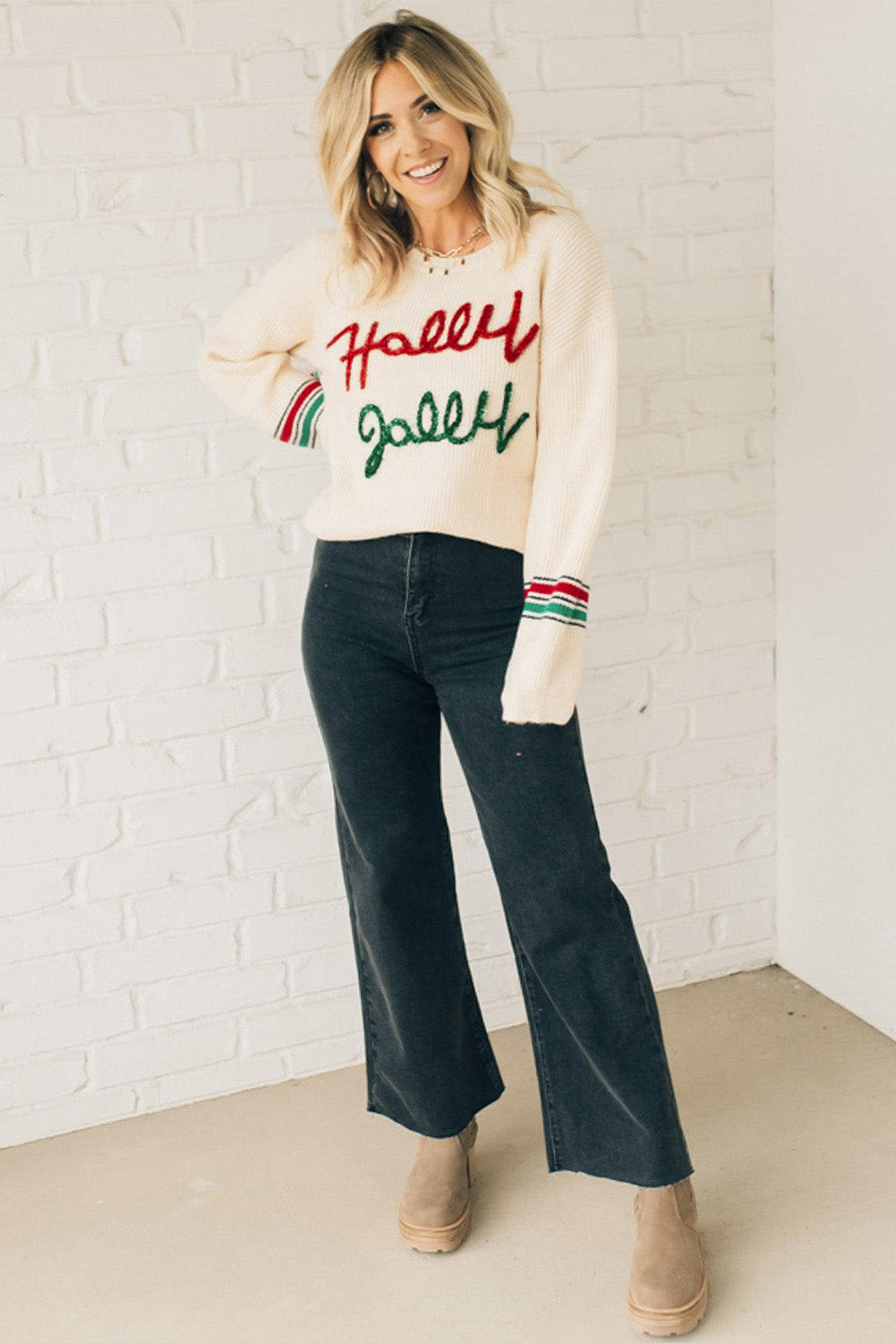 Beige Tinsel Holly Jolly Graphic Classic Sweater Sweaters JT's Designer Fashion