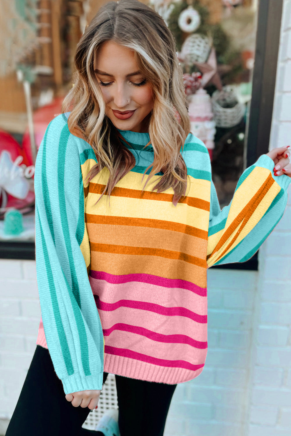 Yellow Stripe Gradient Striped Ribbed Edge Loose Sweater Sweaters JT's Designer Fashion