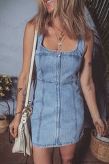 Beau Blue Seamed Zipper Square Neck Sleeveless Denim Mini Dress Mini Dresses JT's Designer Fashion