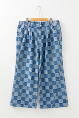 Dusk Blue Plus Size Checkered Seamed High Waist Wide Leg Jeans Plus Size Bottoms JT's Designer Fashion