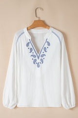 White Paisley Embroidered Textured Split Neck Long Puff Sleeve Blouse Blouses & Shirts JT's Designer Fashion