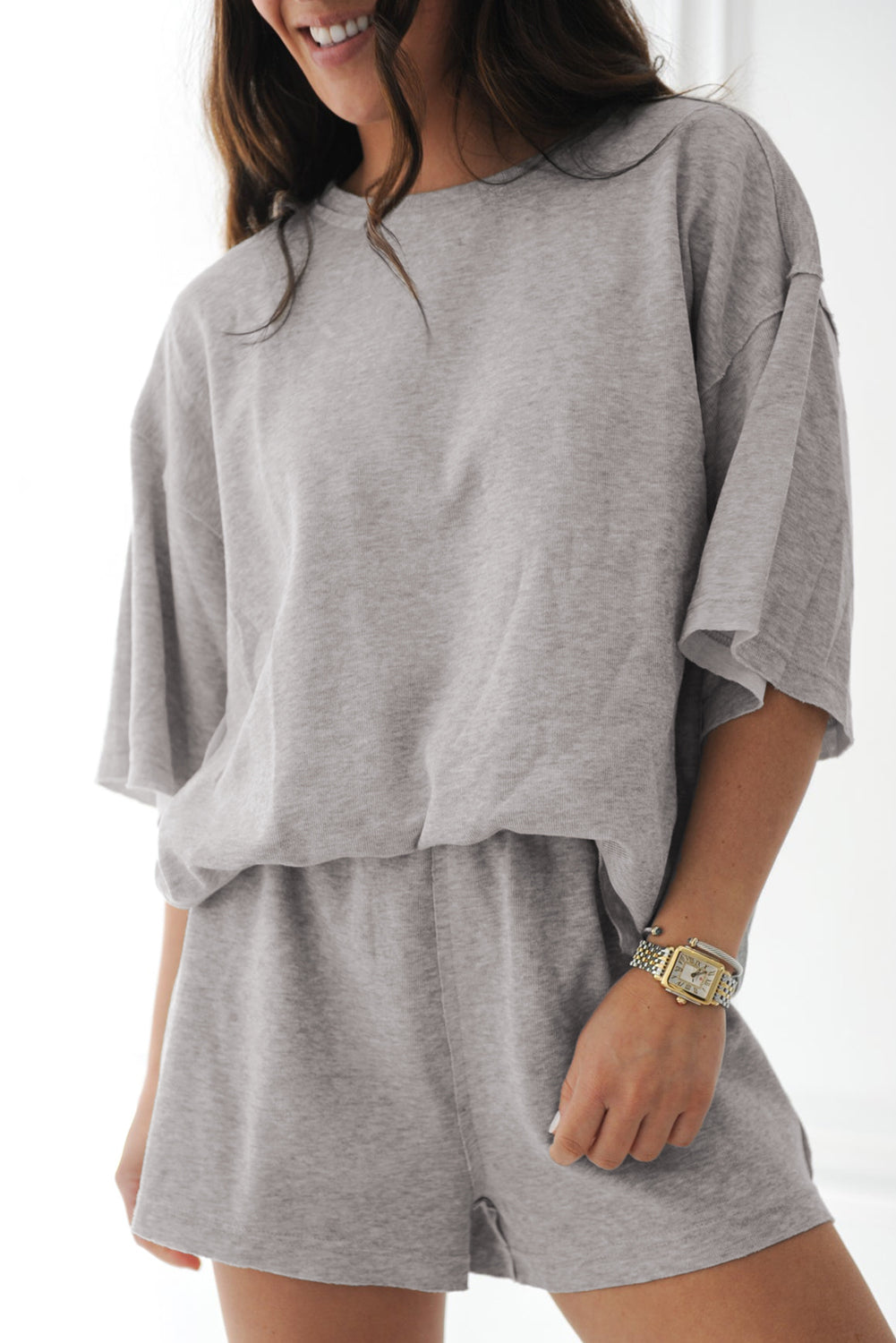 Gray Solid Color Loose Tee 2 Piece Shorts Set Short Sets JT's Designer Fashion