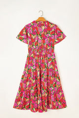Frill Printed Notched Short Sleeve Midi Dress Maxi Dresses JT's Designer Fashion