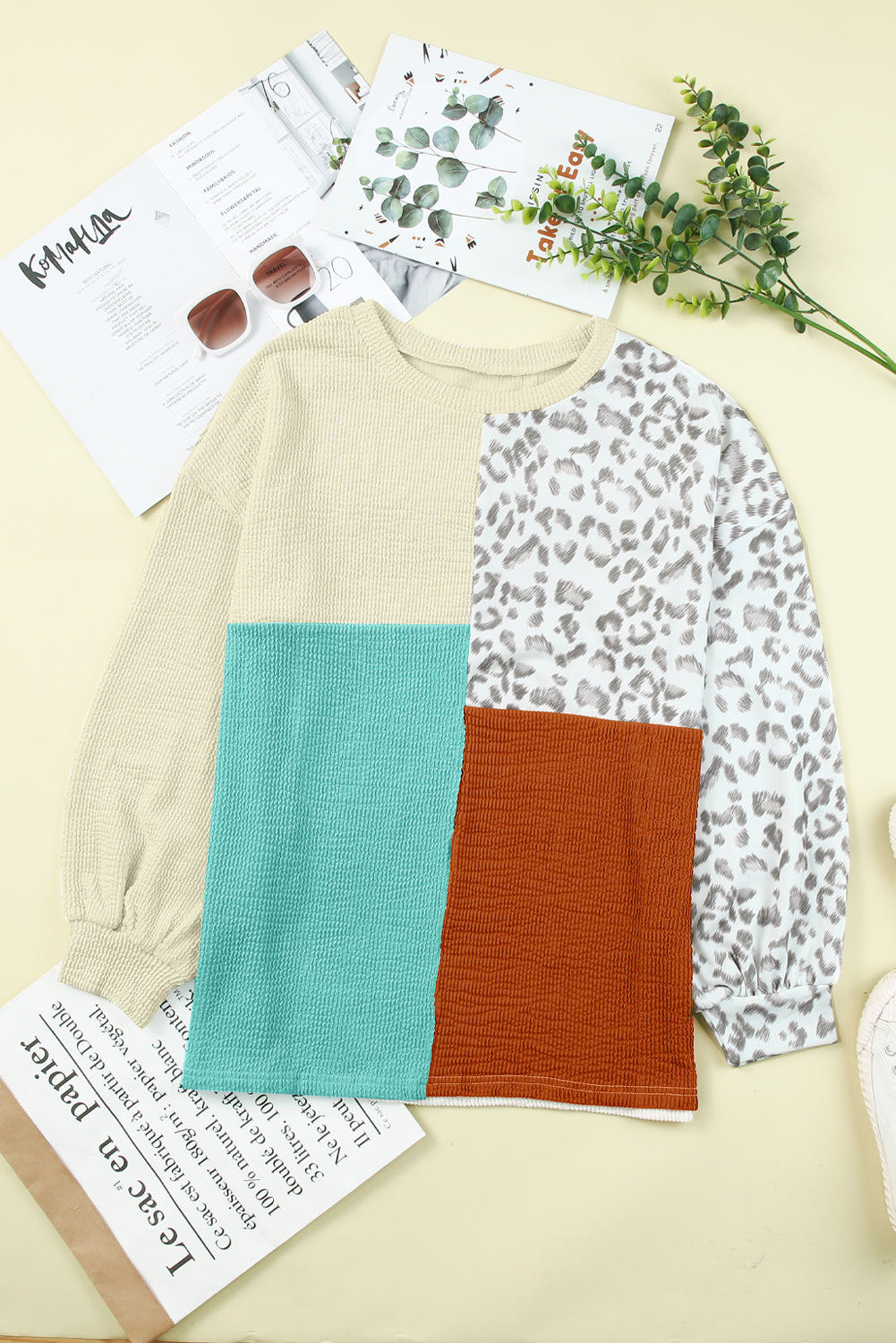 Leopard Patchwork Color Block Ribbed Long Sleeve Top Long Sleeve Tops JT's Designer Fashion