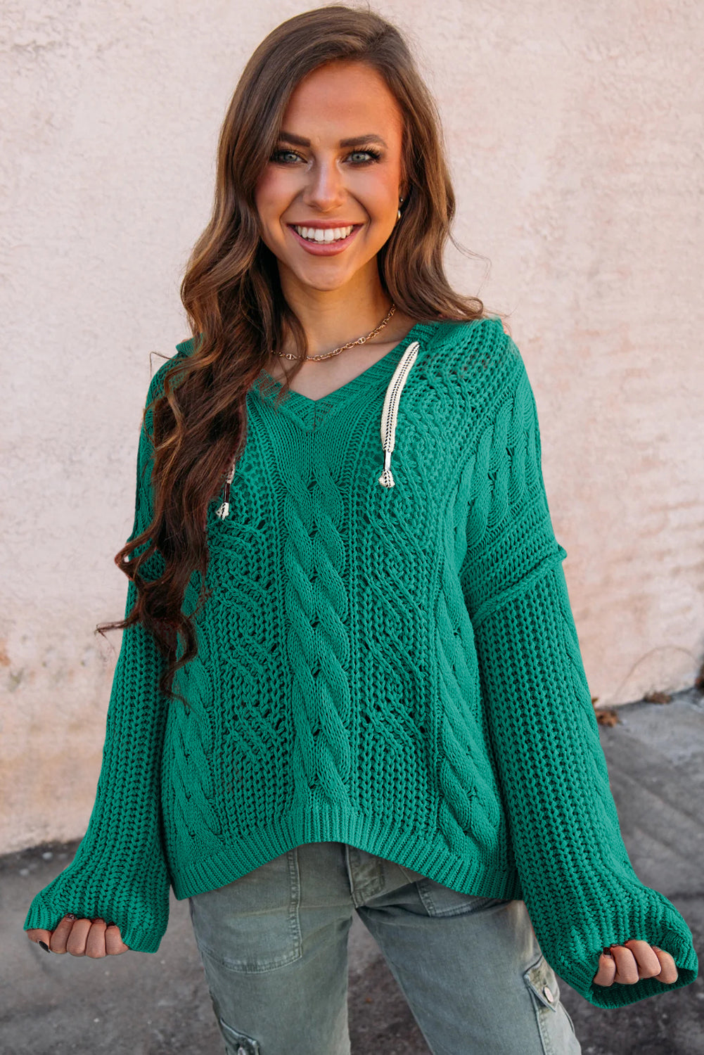Sea Green Cable Knit V Neck Contrast Drawstring Hooded Sweater Sweaters JT's Designer Fashion