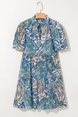 Blue Bohemian Paisley Floral V Neck Short Sleeve Mini Dress Floral Dresses JT's Designer Fashion