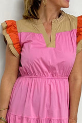 Bonbon Color Block Tiered Notched Neck Ruffle Sleeve Dress Dresses JT's Designer Fashion