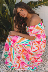 Pink Abstract Print Ruffled Sleeve Smocked Bust Long Dress Maxi Dresses JT's Designer Fashion