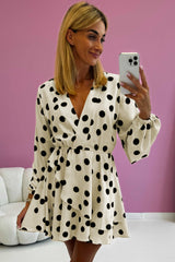 Beige Polka Dot Printed Surplice V Neck Puff Sleeve Mini Dress Mini Dresses JT's Designer Fashion
