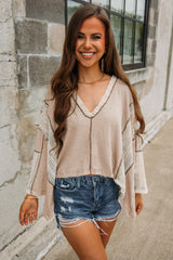 Parchment Crochet Detail Exposed Seam High Low Loose Top Long Sleeve Tops JT's Designer Fashion