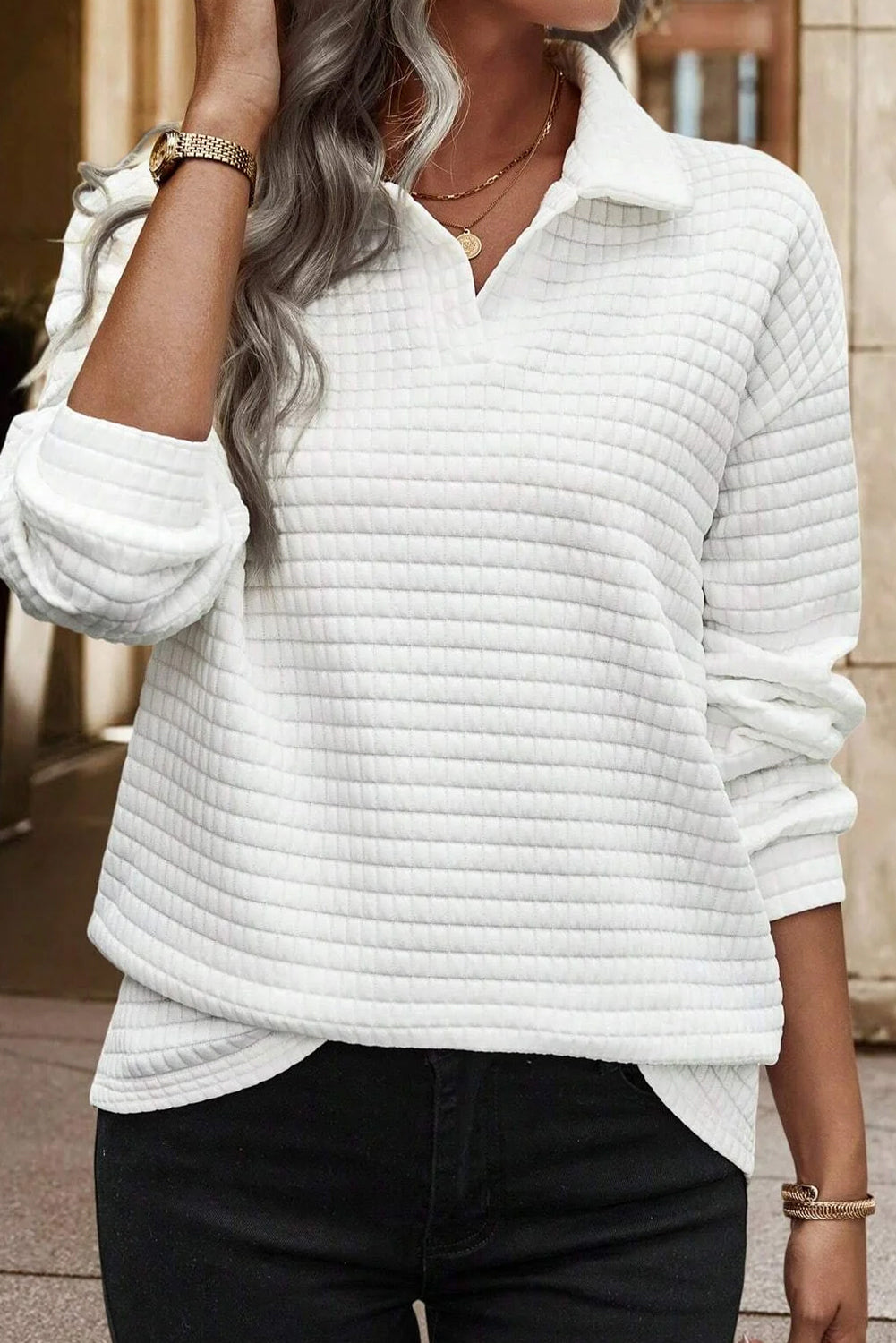 White Quilted Texture Sporty Collared Long Sleeve Top Long Sleeve Tops JT's Designer Fashion