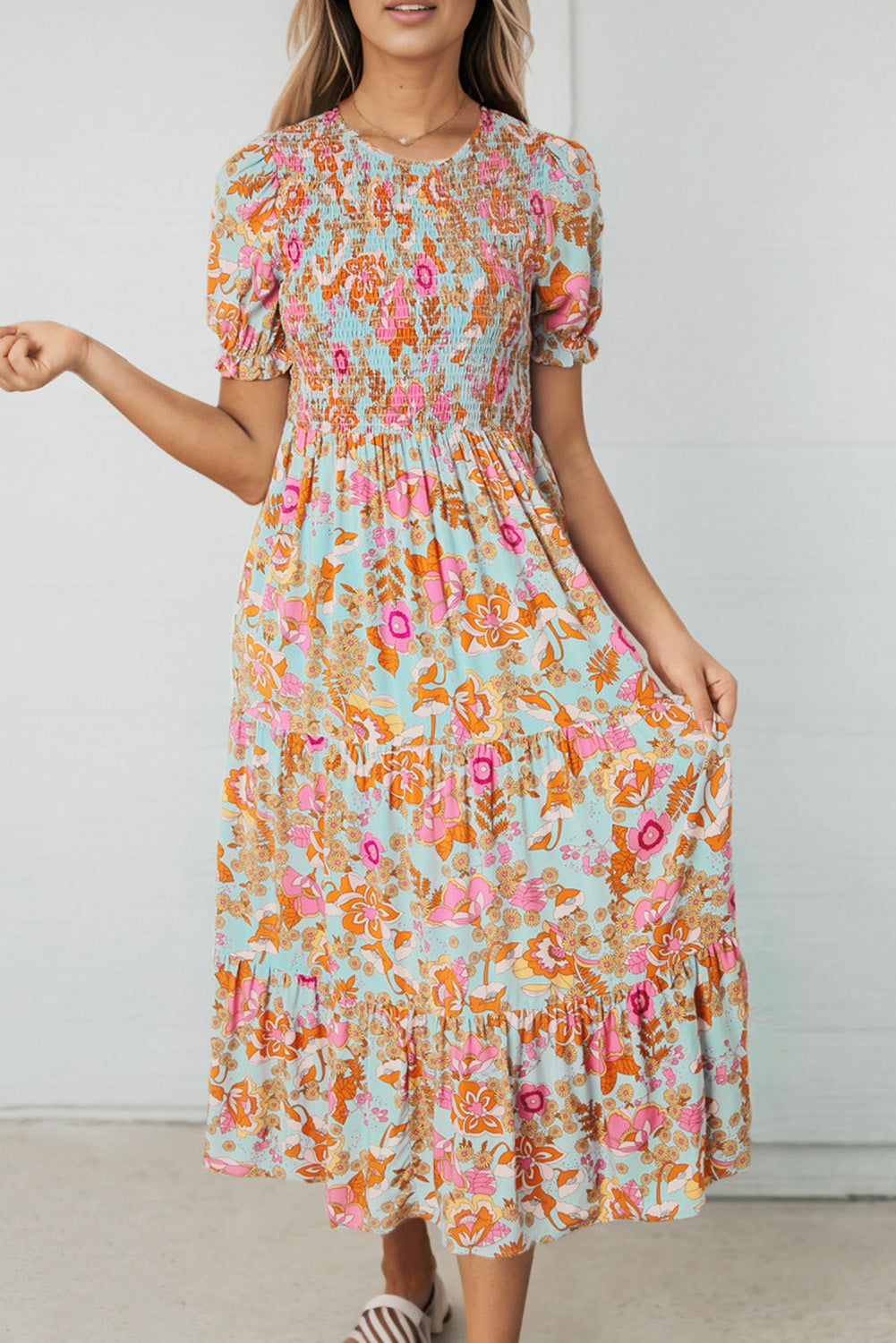 Sky Blue Floral Bubble Sleeve Smocked Flowy Ruffle Dress Floral Dresses JT's Designer Fashion