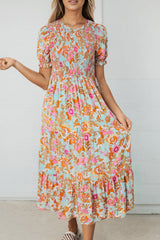 Sky Blue Floral Bubble Sleeve Smocked Flowy Ruffle Dress Floral Dresses JT's Designer Fashion