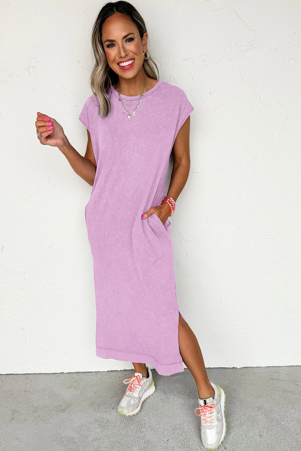 Wisteria Mineral Wash Pocketed T-shirt Long Dress T Shirt Dresses JT's Designer Fashion