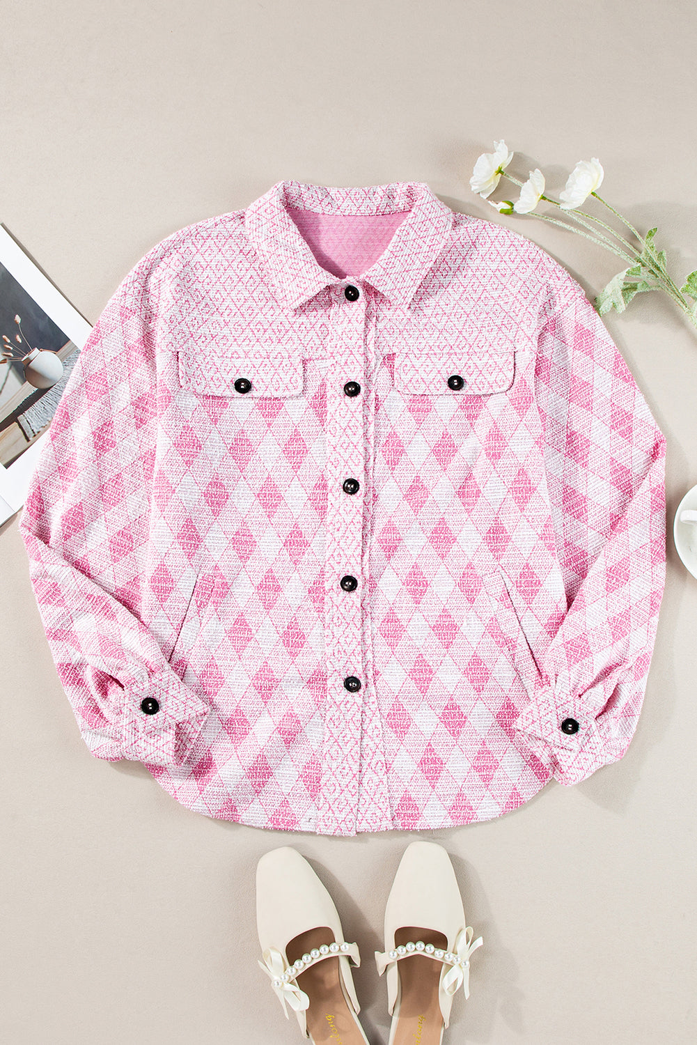 Delicacy Geometric Print Textured Flap Detail Shacket with Pocket Jackets JT's Designer Fashion