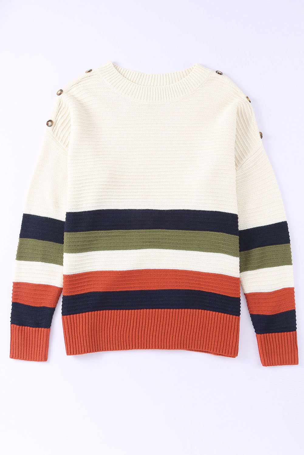 White Buttoned Shoulder Drop Shoulder Striped Sweater Sweaters & Cardigans JT's Designer Fashion