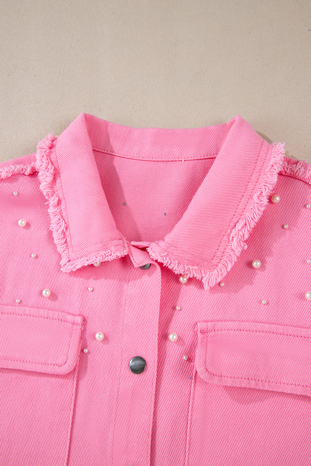 Bonbon Pearl Beaded Raw Hem Button Up Denim Jacket Denim Jackets JT's Designer Fashion