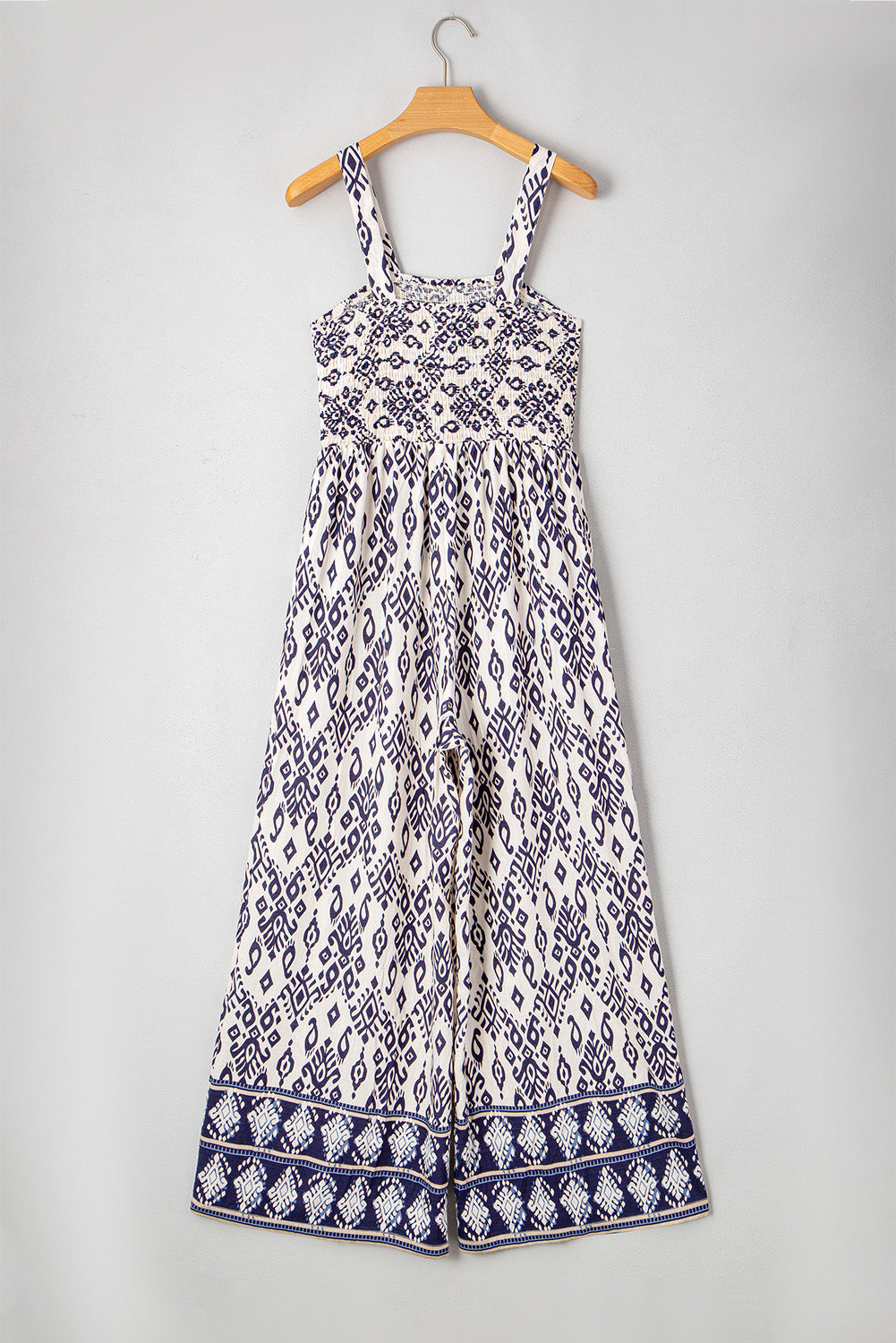 Blue Boho Geometric Print Shirred High Waist Wide Leg Jumpsuit Jumpsuits & Rompers JT's Designer Fashion